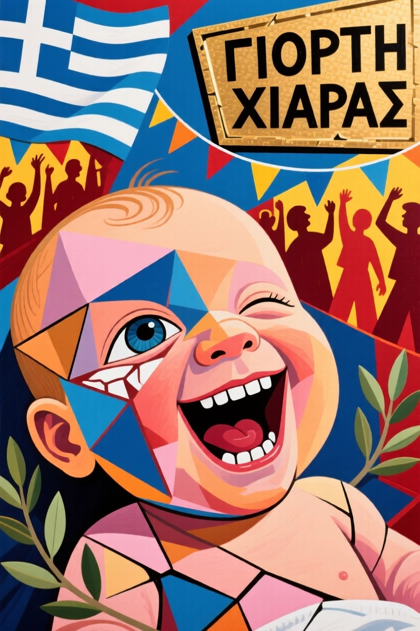 An intimate close-up of a newborn baby of Greek heritage bursting into unguarded laughter, amid a colorful festival crowd.