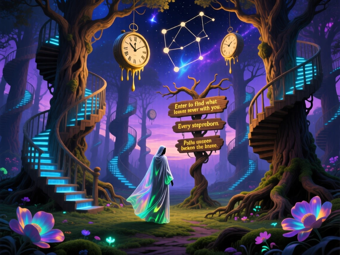 A forest where every tree trunk is a spiral staircase unfolds new paths each time it is entered, while a lone figure walks quietly through its heart.