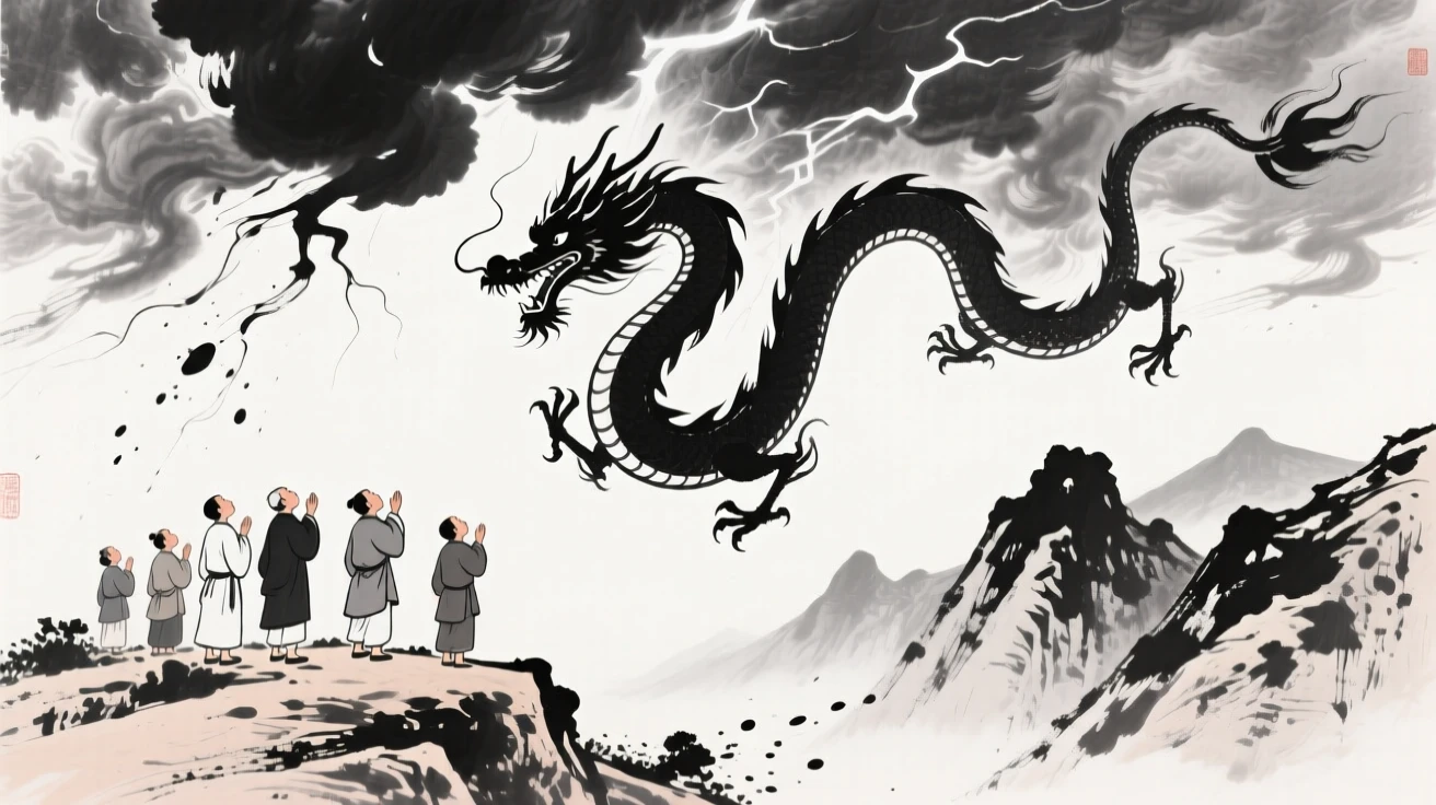 Villagers watch as a dragon spirals upward into a stormy sky, as thunder rolls across the surrounding peaks.
