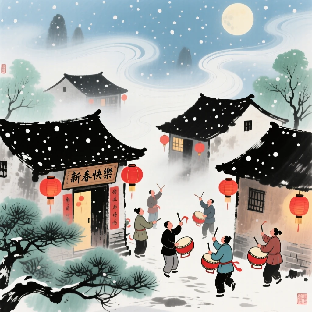 A village celebrating the lunar new year with lanterns and drums, under the first snow of winter, through swirling morning fog.