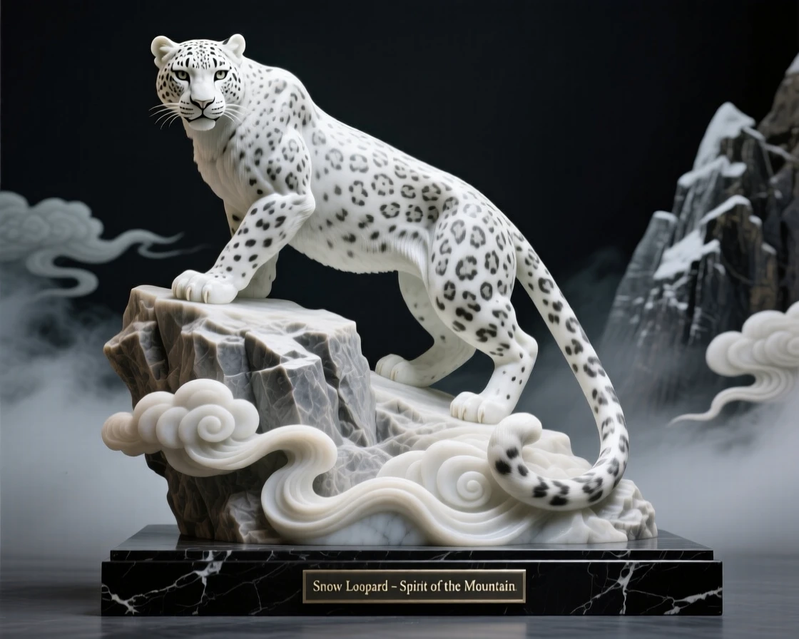 A vivid, emotionally rich scene of a snow leopard perched on a rocky outcrop, amid swirling clouds and mist, designed to captivate and inspire