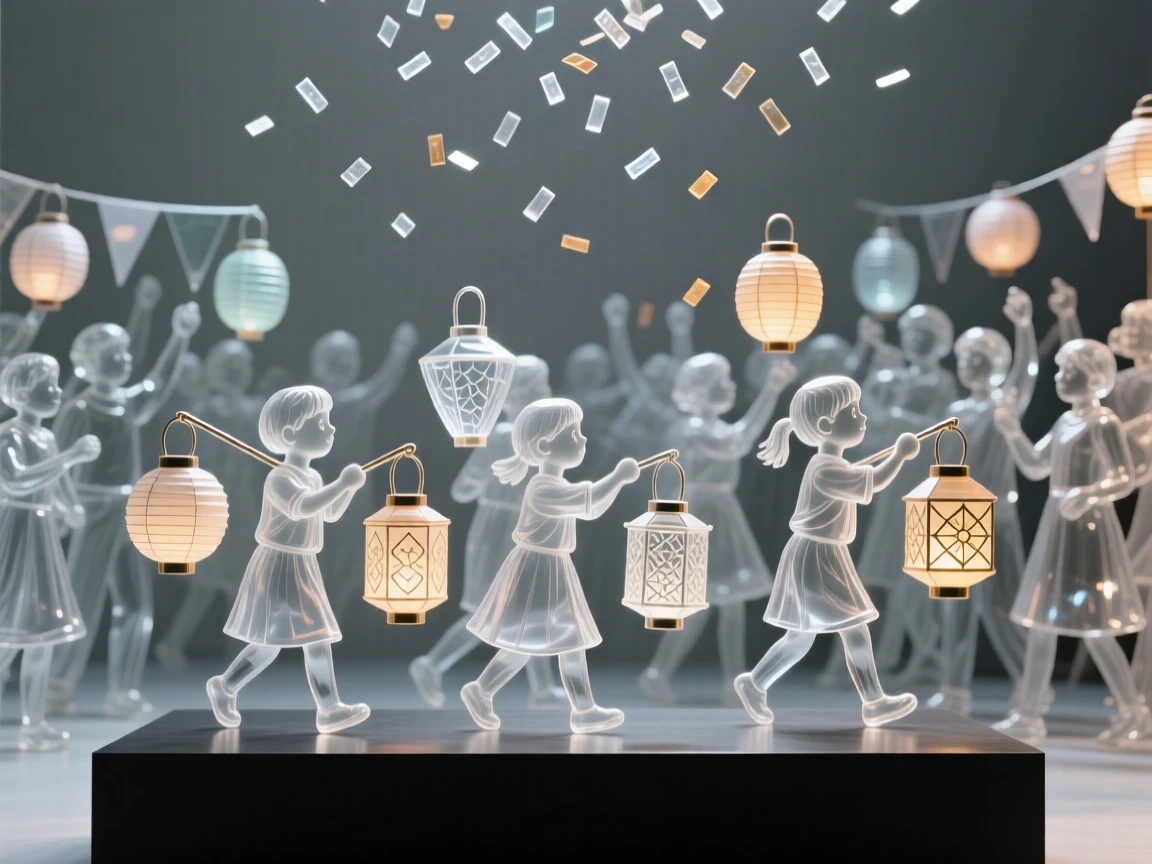 Children carrying handmade lanterns through a festival crowd as confetti drifts through the air above the crowd, while the whole street seems to move together in celebration