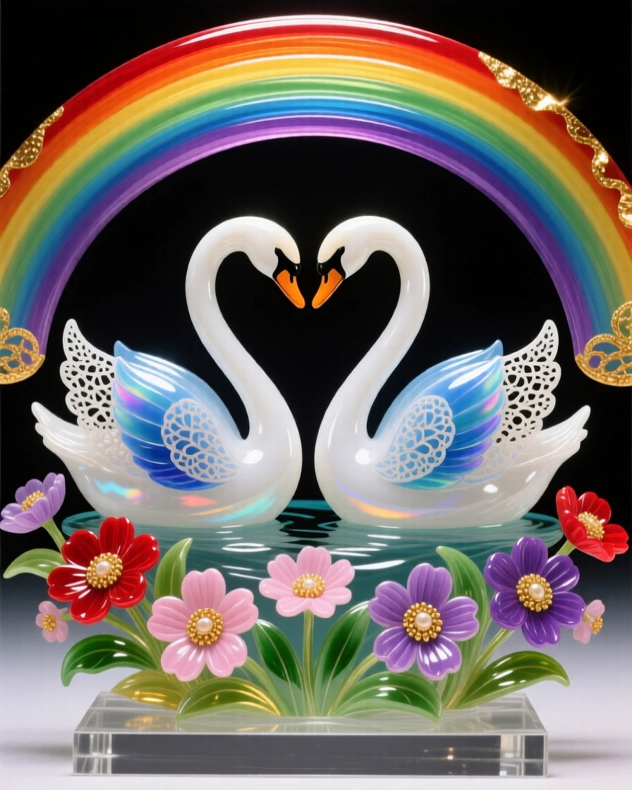 A pair of swans gliding beneath a rainbow arching over a blossoming garden, tender and hopeful.