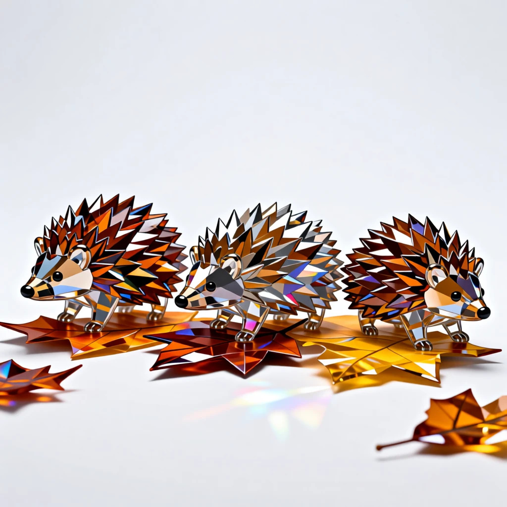 A tiny hedgehog family walking in a single file line through fallen leaves.