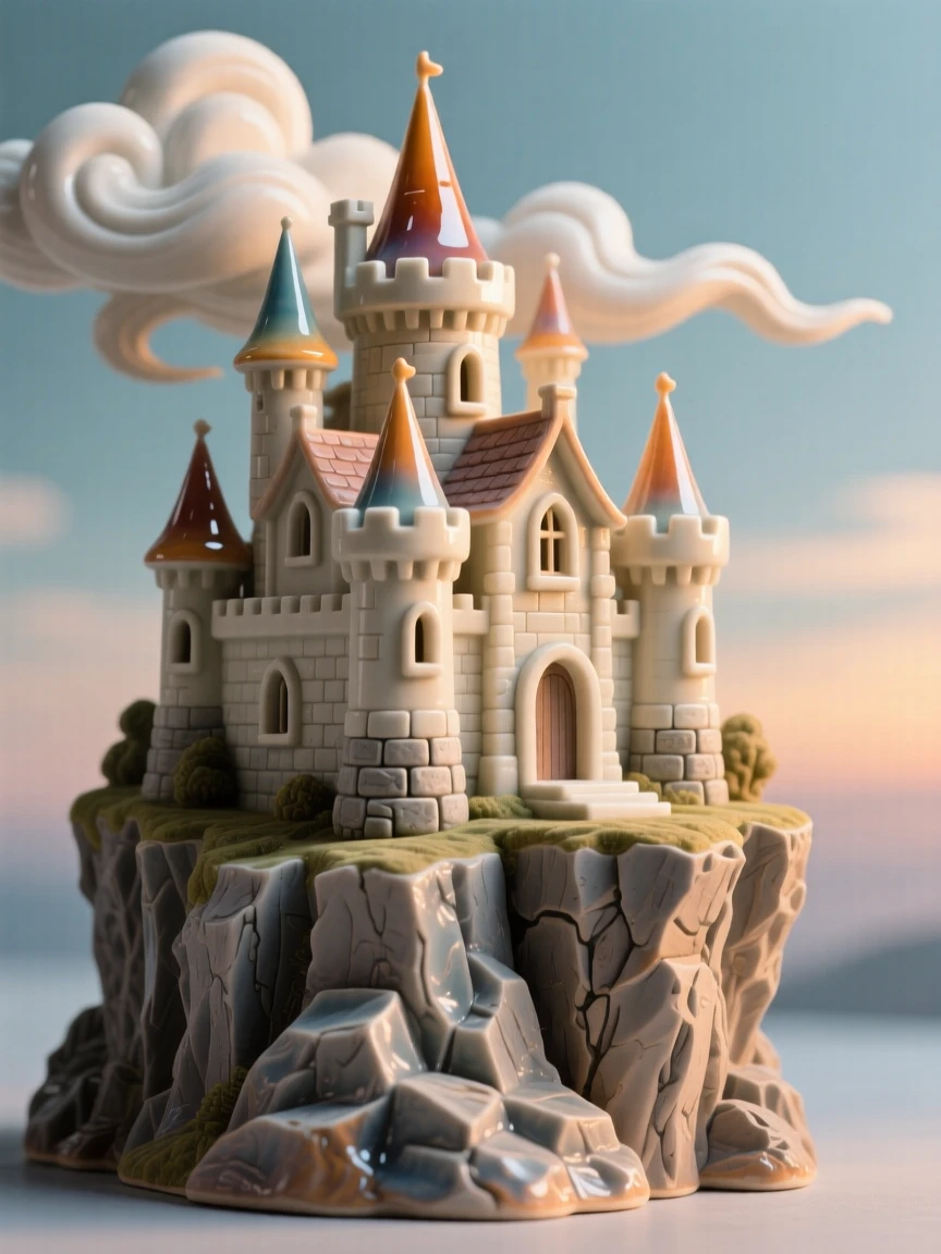 A fairytale castle perched on a cliffside captured in the soft glow of sunset, framed by drifting clouds overhead, radiating peaceful, storybook charm.