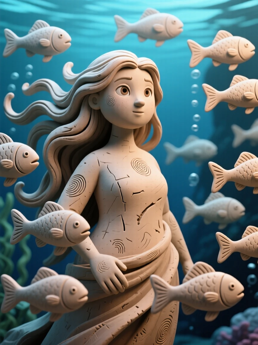 Sedna the sea goddess surrounded by a school of Arctic fish