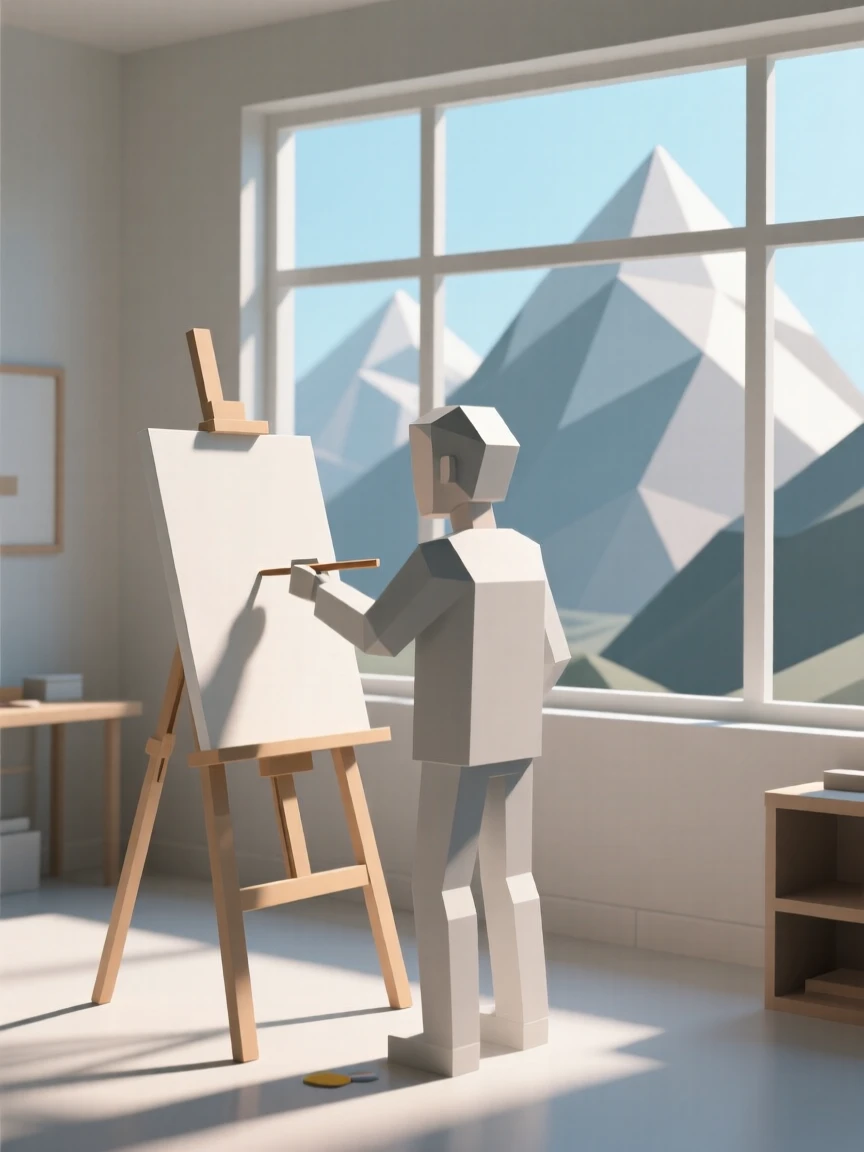 A painter working at an easel in a sunlit studio, surrounded by towering mountains. a shallow depth of field keeps the action sharply in focus. The moment radiates confidence and joy.