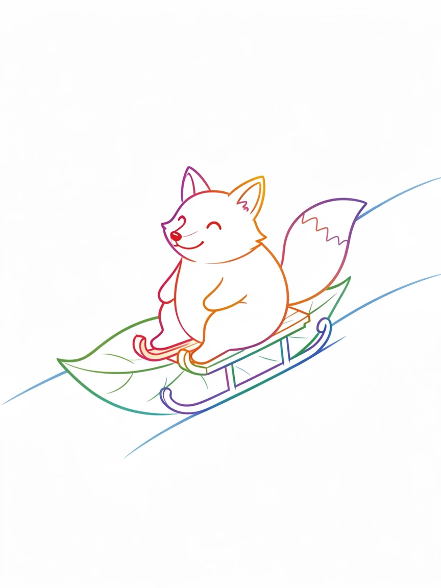 A round-bodied fox character sledding down a snowy hill on a leaf.