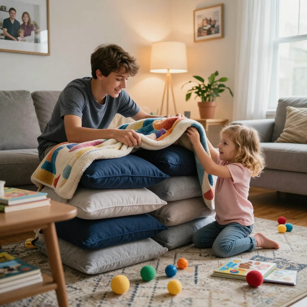 Siblings of very different ages build a blanket fort in the living room using couch cushions.