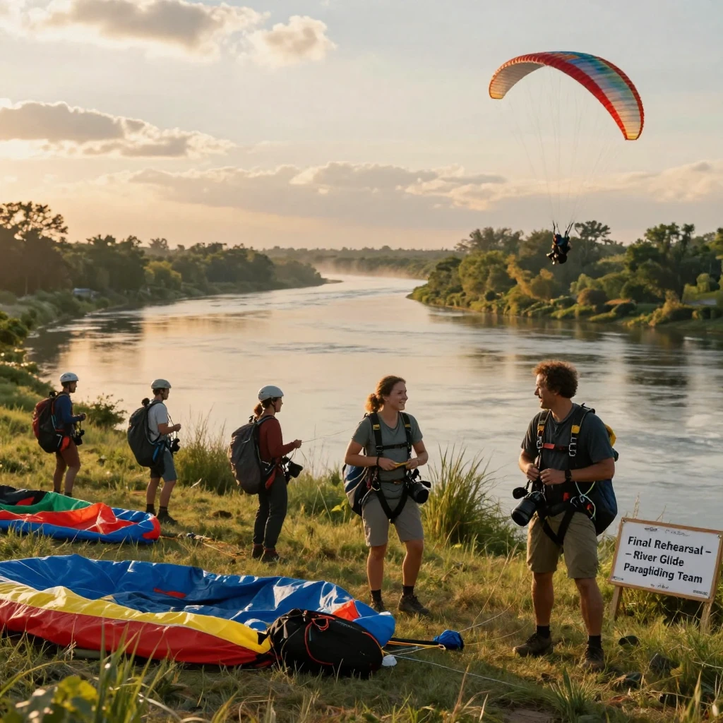 A group of paragliders gathering for one final rehearsal along the banks of a wide river