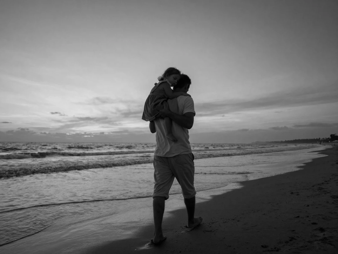 A father carries his sleeping daughter on his shoulders along a quiet beach at dusk.