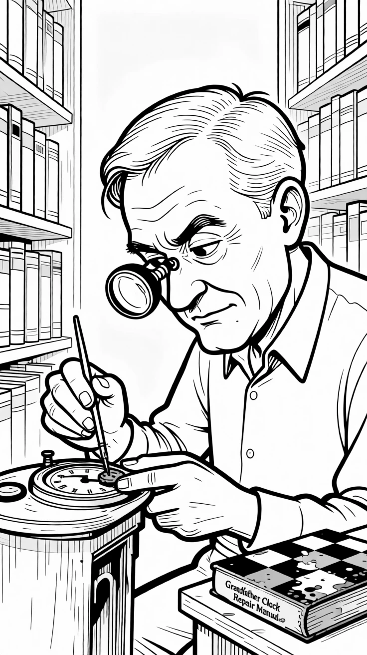 A grandfather clock repairman squinting through a loupe, dabbing color carefully with a steady, practiced hand, set among tall shelves in an old library. A worn checkerboard shows decades of use. There's a gentle, timeless warmth to the whole moment.