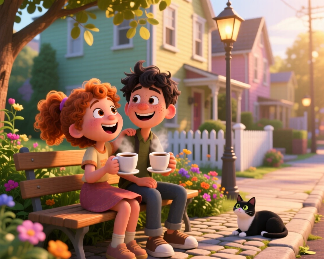 Two best friends sharing a laugh over coffee unfolds on a quiet neighborhood street at golden hour, with warm sunlight catching every smile. The mood is triumphant, warm, and full of love.