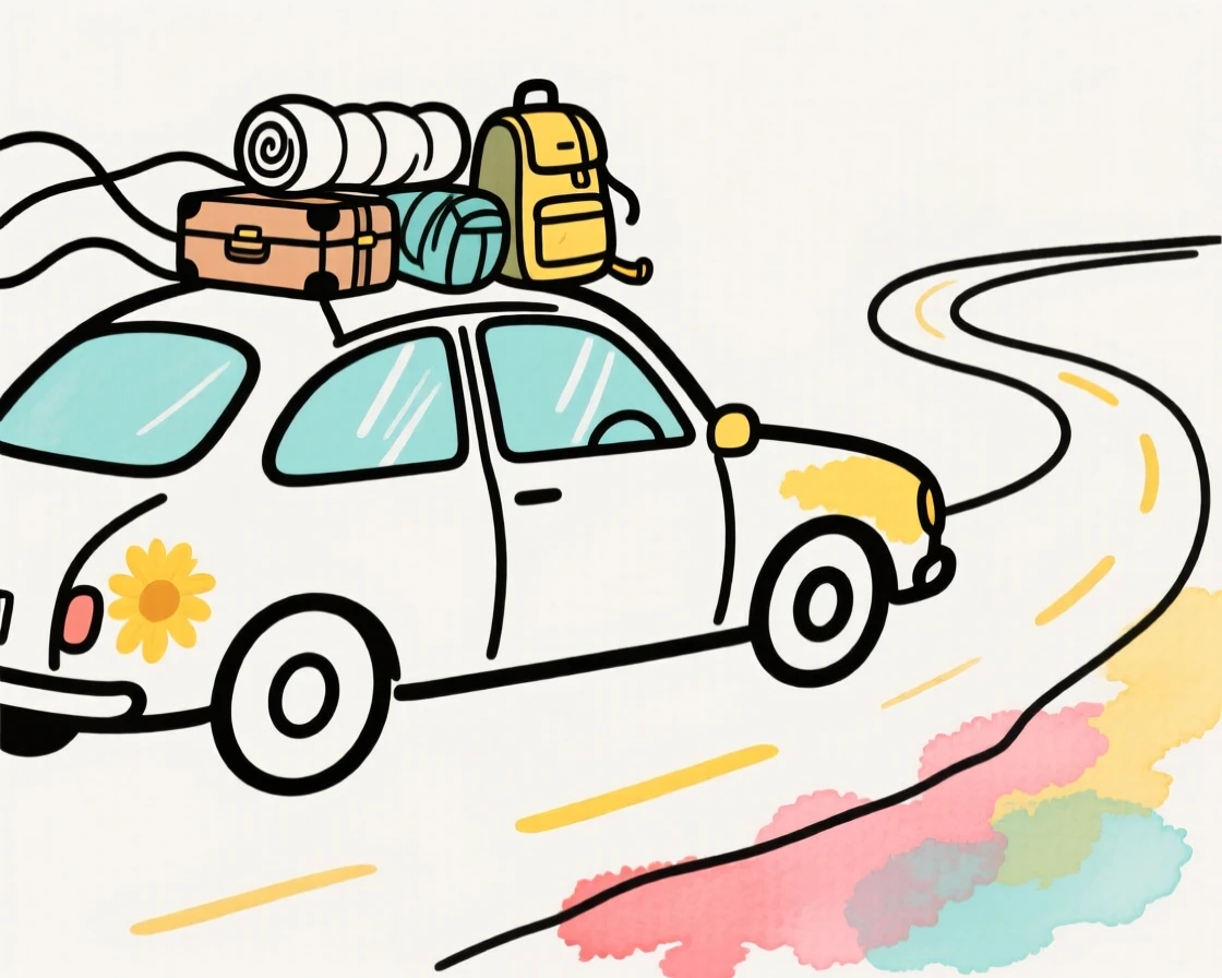 A road trip with a car packed for adventure