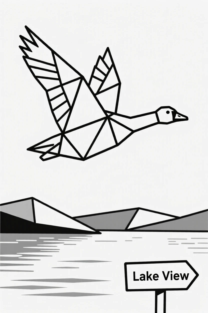 A goose flying in formation over a lake