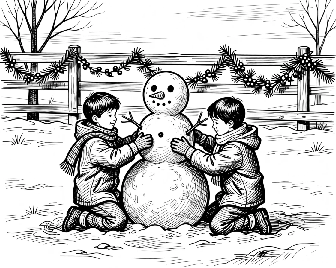 Children building a snowman in a quiet yard under a sky painted with the colors of a harvest sunset, with garlands draped along a wooden railing, capturing a cheerfully celebratory seasonal moment.