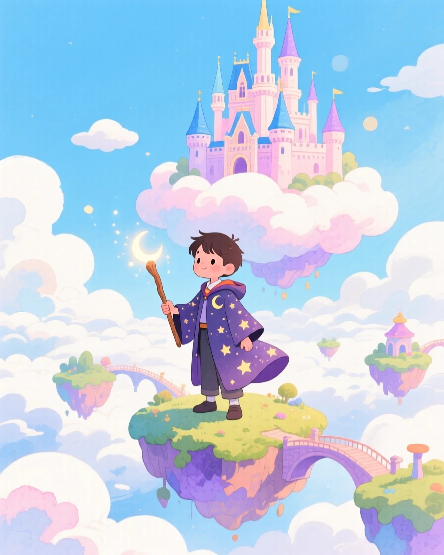 A young wizard apprentice standing before a castle perched atop a cloud, in a floating island kingdom above the clouds, sparking childlike imagination and awe.