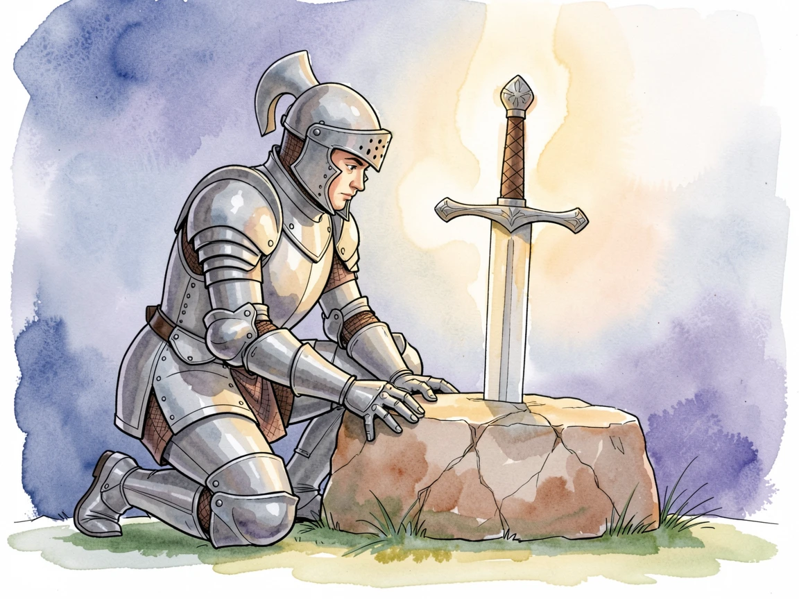 A knight kneeling before a glowing sword embedded in stone, an air of wonder and quiet mystery throughout.