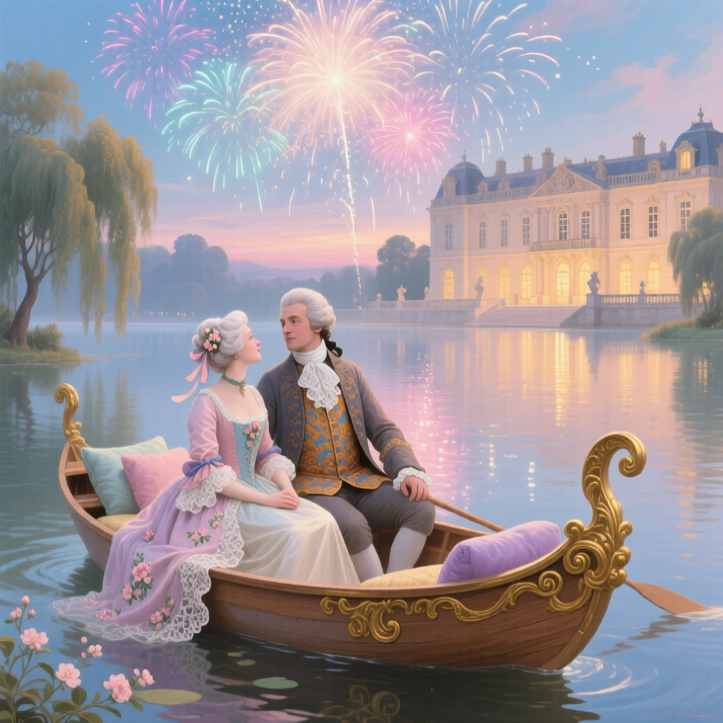 A couple watching fireworks from a boat on a palace lake  