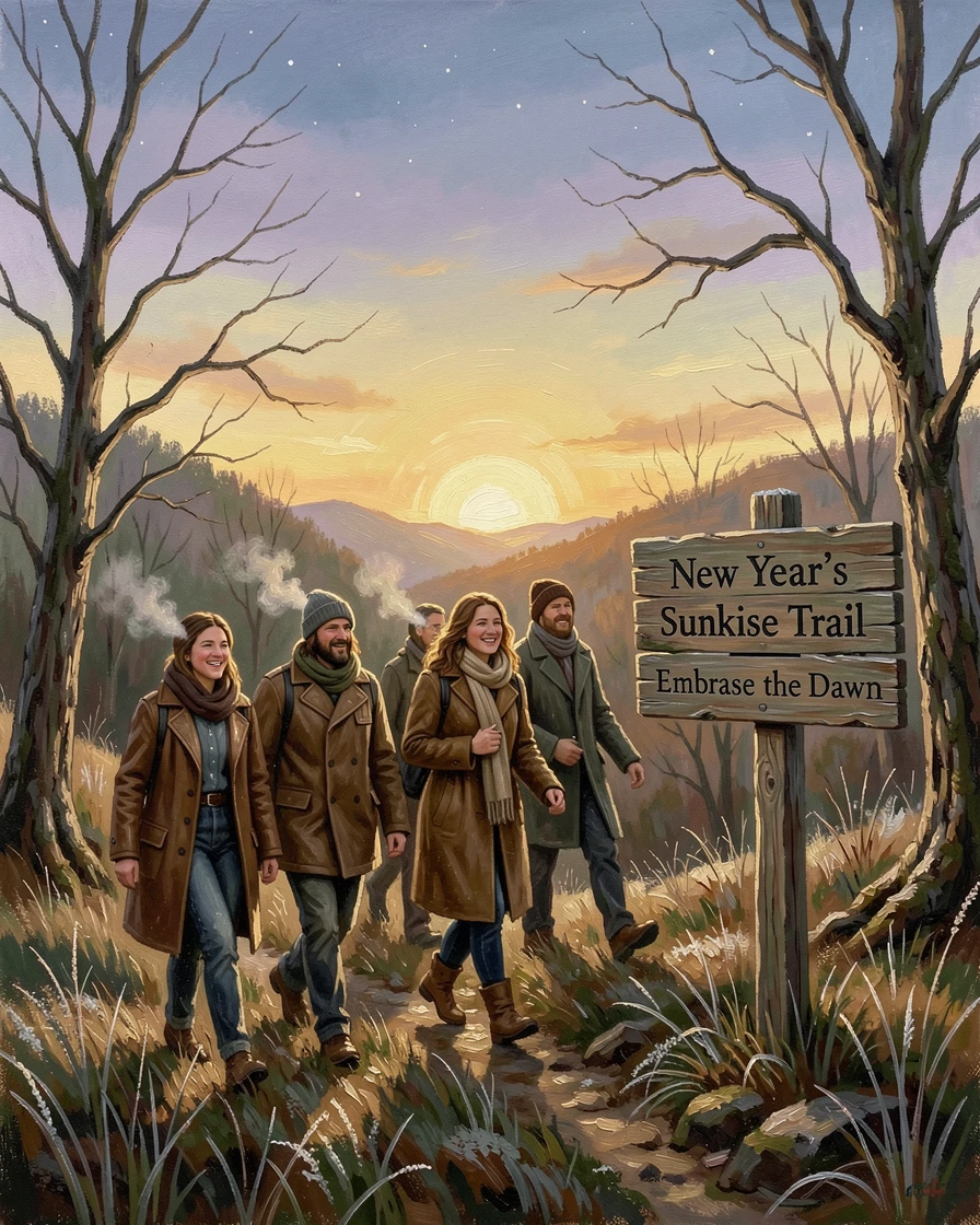 A New Year's Day sunrise hike with friends bundled in warm coats, as golden or twinkling light creates a magical atmosphere, designed to bring festive cheer to any home or gallery wall
