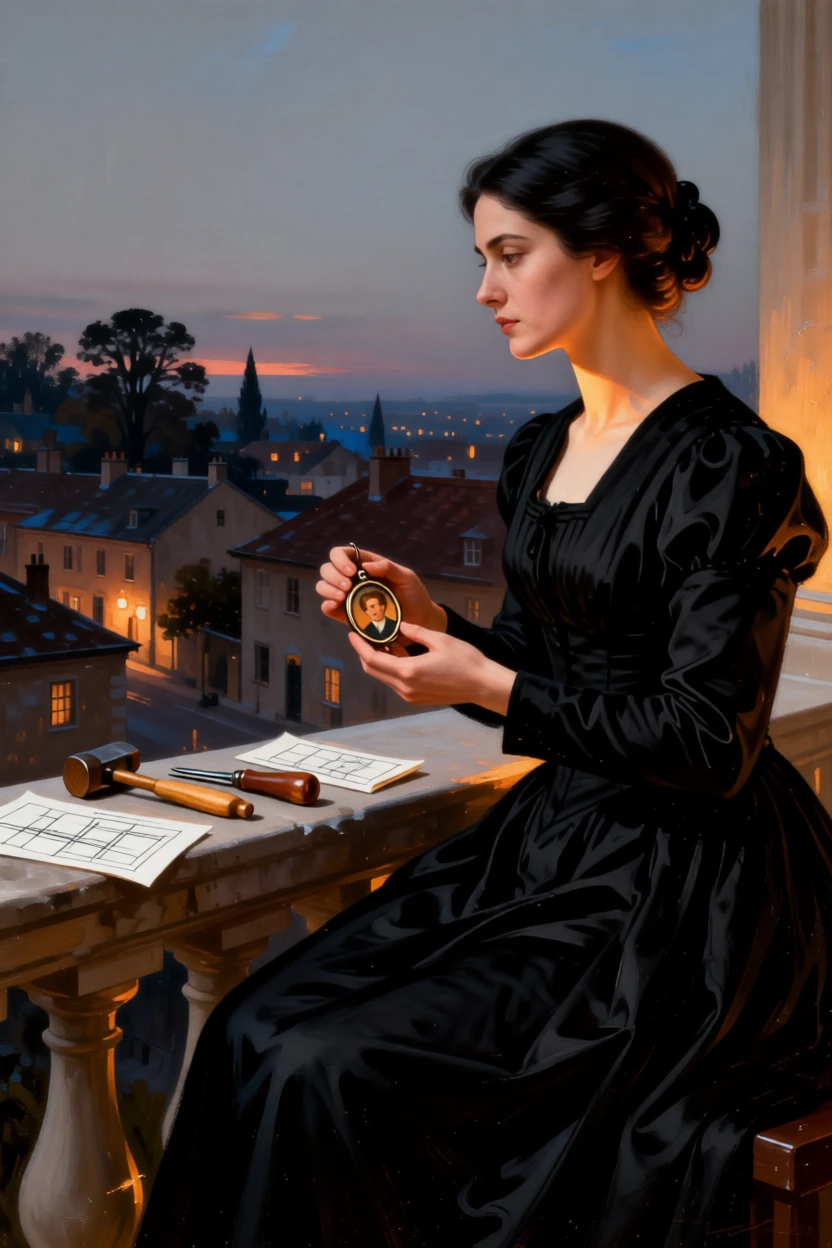 A widow in mourning black gazing at a locket portrait turning slightly toward a soft, unseen light, set on a stone balcony overlooking a quiet town at dusk, with tools of the trade arranged carefully within reach; warm and cool tones contrast to separate figure from background, evoking tenderness, memory, and unspoken emotion.