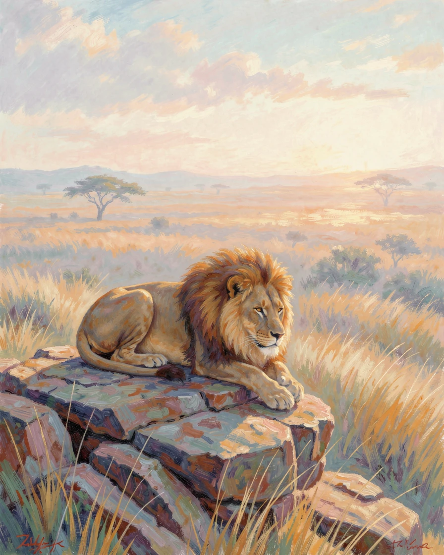 A majestic lion resting atop a rocky outcrop overlooking the golden savanna at sunset, in the gentle hush of early morning.