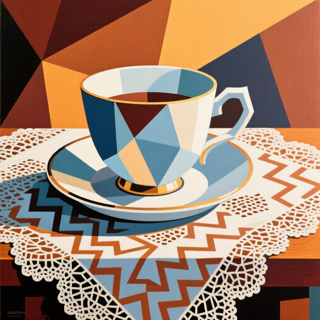 An elegant still life featuring a china teacup and saucer on a lace tablecloth in warm afternoon light.
