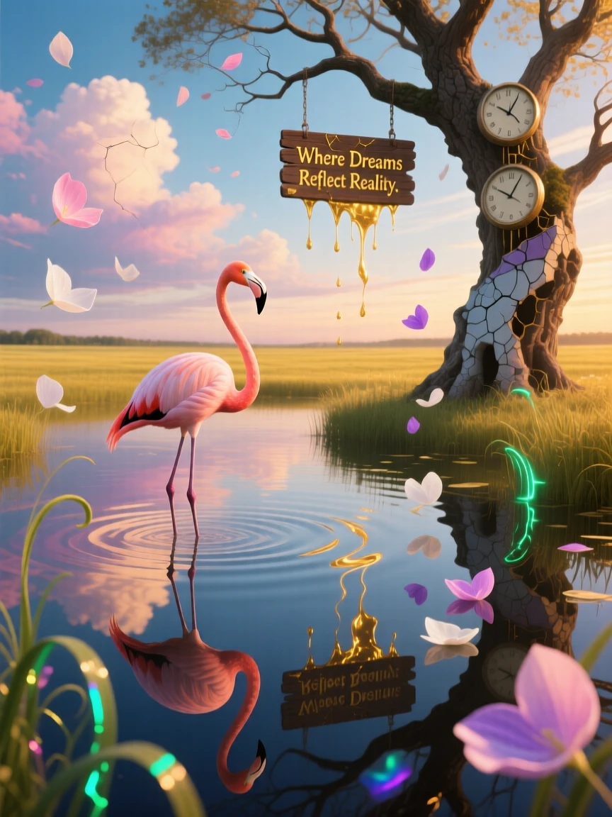 A flamingo standing motionless in a lake of liquid mirror wanders calmly through a field bathed in golden light, while soft petals drift down from an unseen sky above.