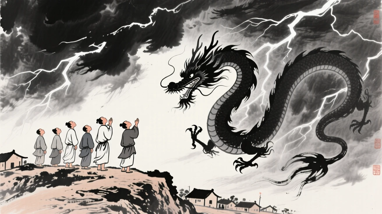 Villagers watch as a dragon spirals upward into a stormy sky, as lightning flashes across the darkened sky.