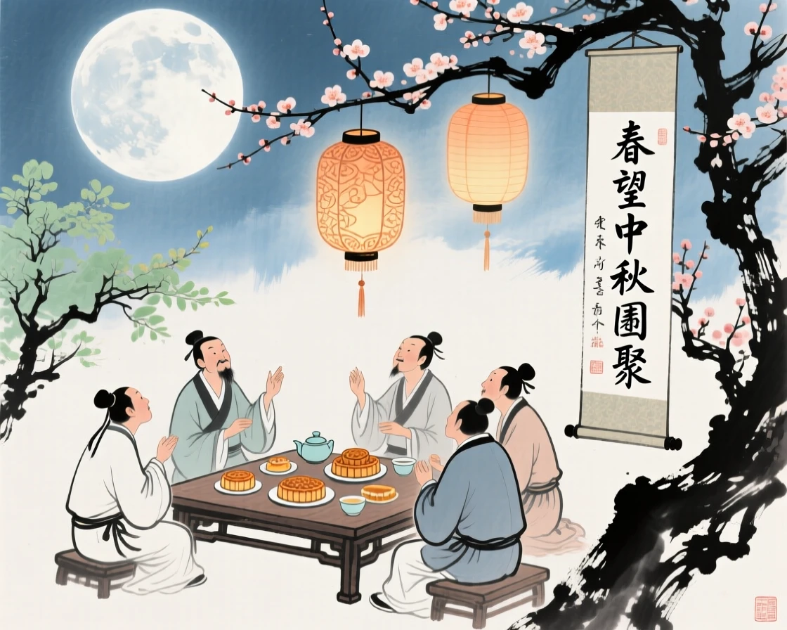 A mid-autumn festival gathering with lanterns lit beneath a full moon, in early spring.