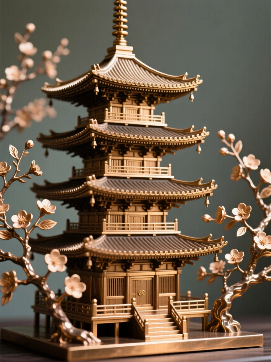 A traditional japanese pagoda surrounded by cherry blossoms, rendered with striking symmetry and scale, exuding timeless grandeur