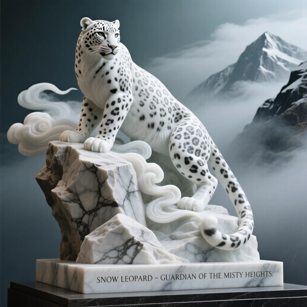 A beautifully composed image of a snow leopard perched on a rocky outcrop, amid swirling clouds and mist, full of atmosphere and visual storytelling