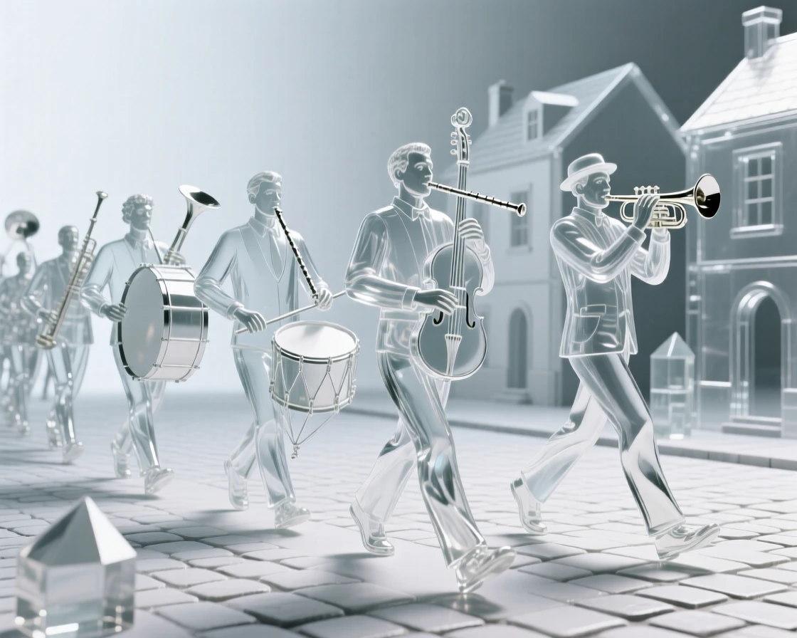 A procession of musicians leading a parade through a village square, with music and drumbeats echoing through the streets