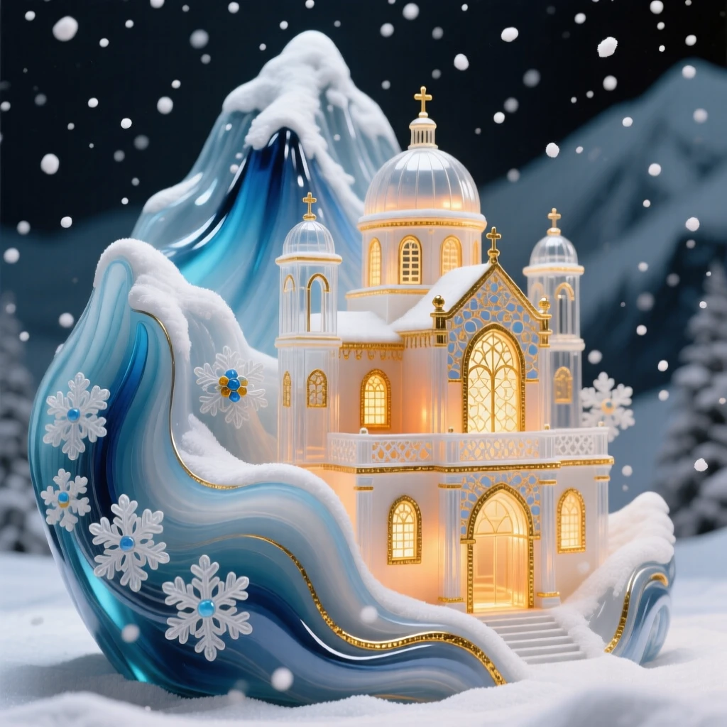 A grand mountain monastery glowing softly beneath a canopy of falling snow, spiritual and serene.
