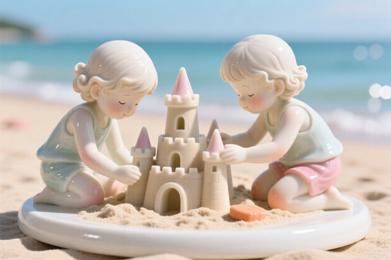 A cozy summer moment: a warm beach scene with children building sandcastles, framed by the colors of the season.
