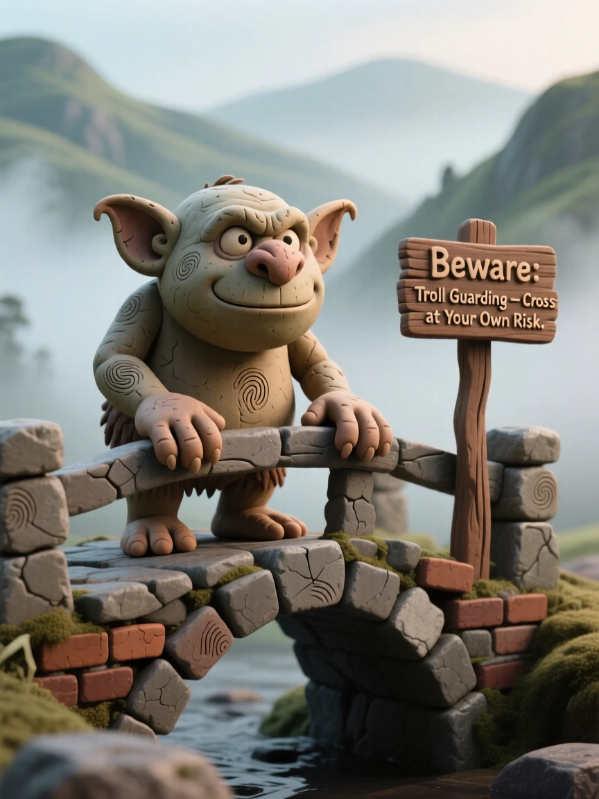 A troll guarding an ancient stone bridge in a misty valley
