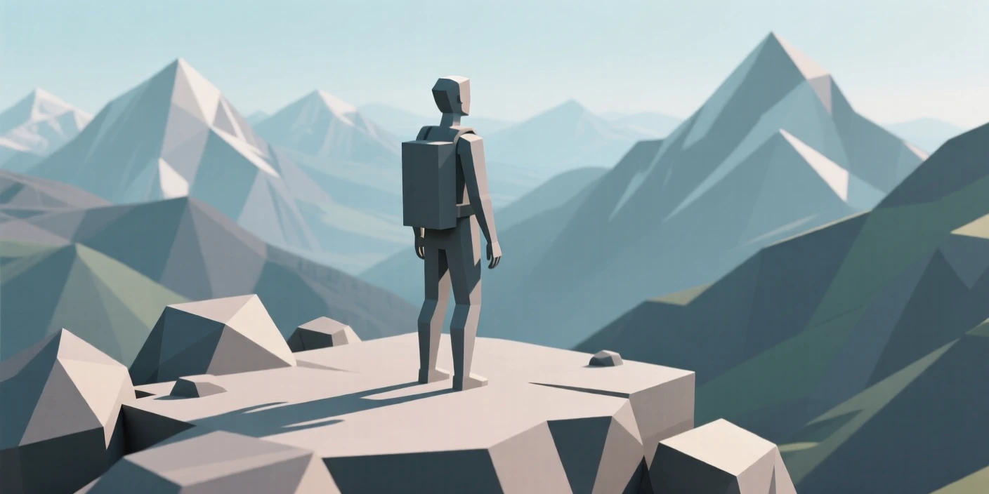 A traveler gazing out over a mountain vista, atop a mountain overlook. the composition captures genuine, candid emotion. There is a quiet sense of determination.