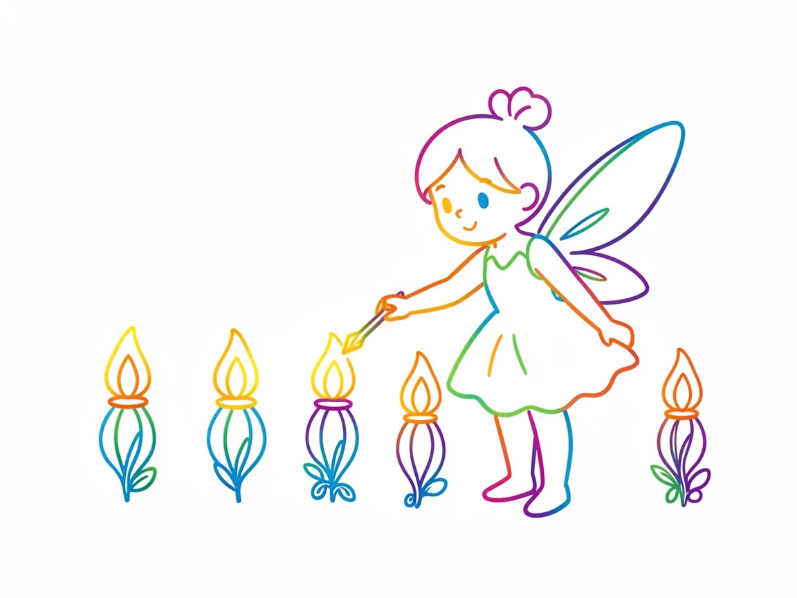 A tiny fairy character lighting a row of glowworms like tiny lamps.