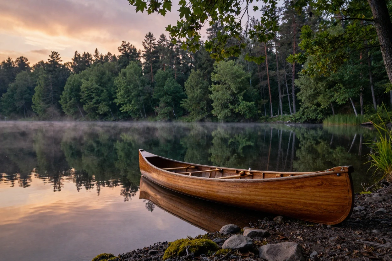 A classic wooden canoe resting on the shore of a still forest lake