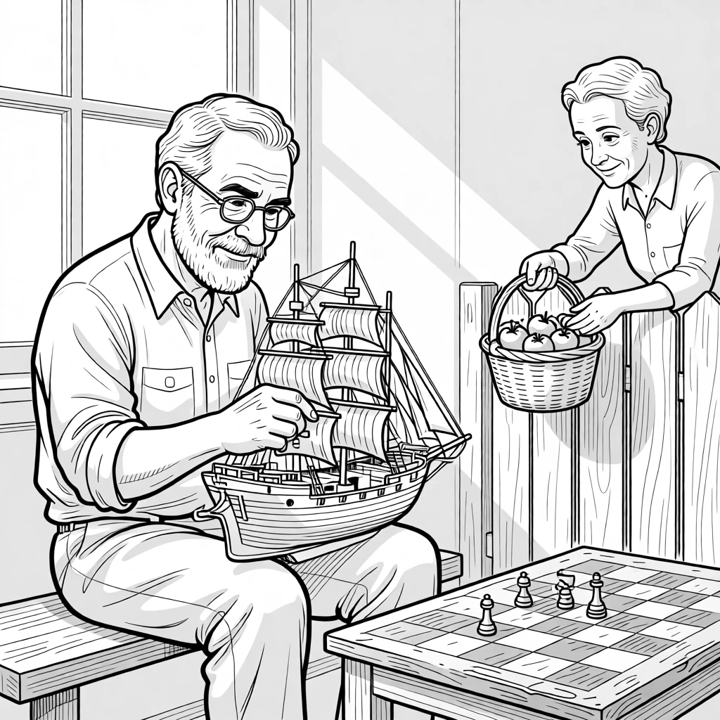 A grandfather building an elaborate model ship, passing tomatoes over a fence with a friendly nod, set by a window with soft afternoon light. A worn checkerboard shows decades of use. It captures the quiet joy of passing traditions down.