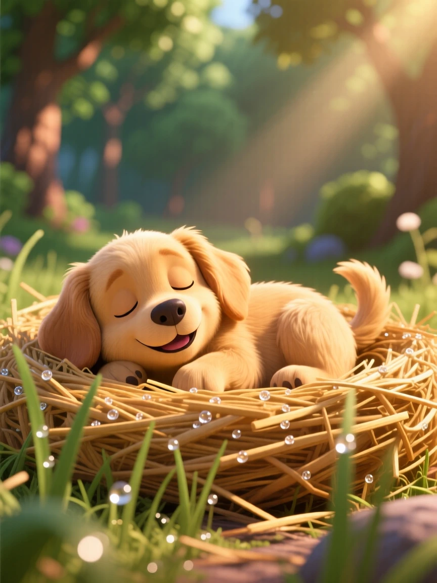 A fluffy golden retriever puppy is curled up in a nest of straw, wagging its tail happily. A quiet, comforting sweetness surrounds the scene, with dew drops glistening nearby.