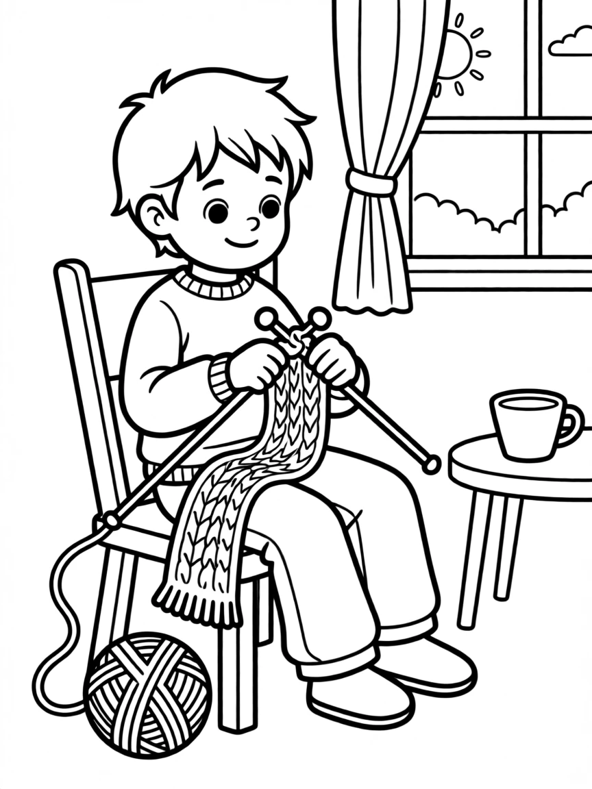 A child learning to knit a scarf with big needles