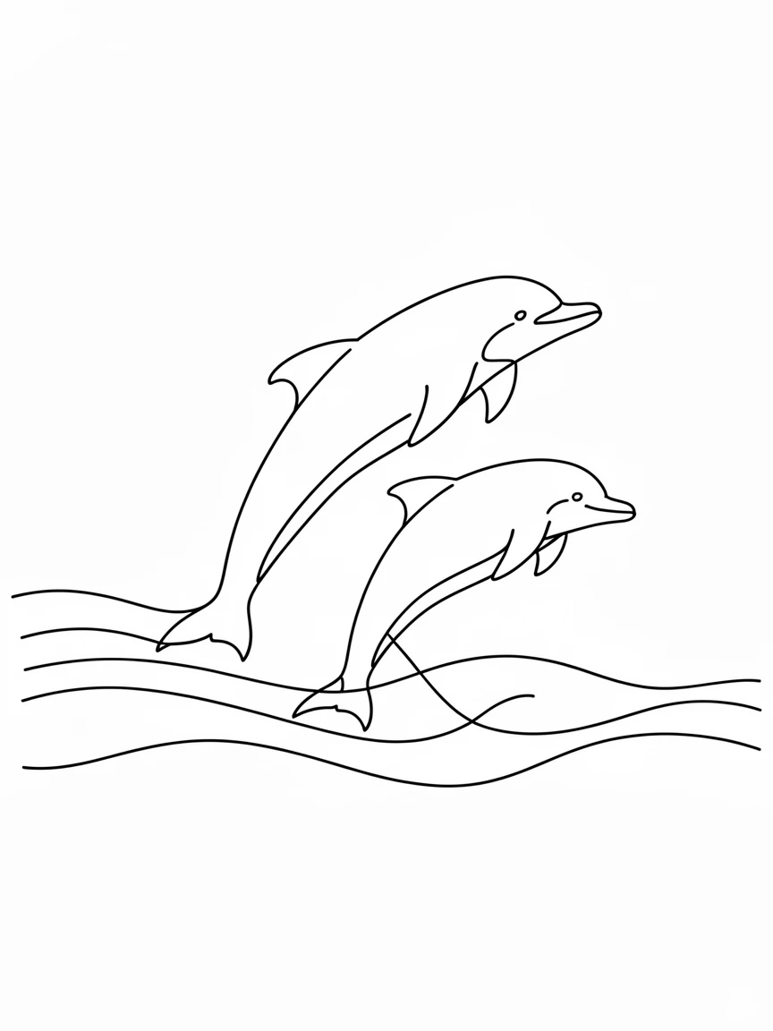 A pod of dolphins leaping in unison through calm ocean waves