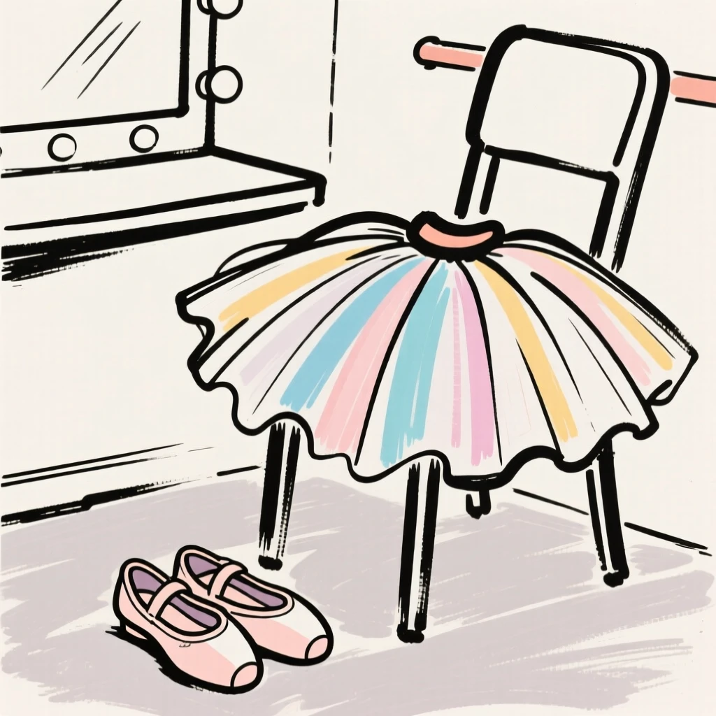 A pair of ballet slippers resting beside a tutu on a dressing room chair.