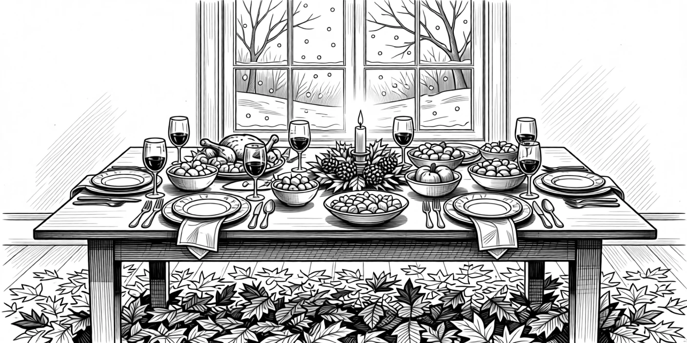 A table set for a festive holiday feast while gentle snowflakes drift past a window, with the rich texture of fallen leaves underfoot, capturing a wonderfully inviting seasonal moment.