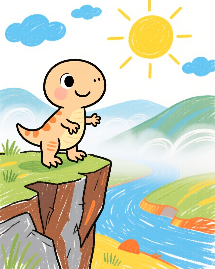 A curious baby velociraptor on a rocky cliff overlooking a misty valley.