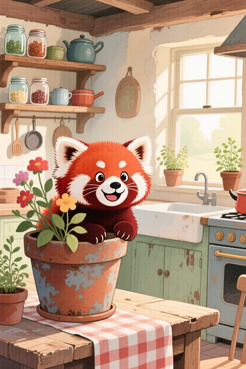 A red panda peeking out from behind a flower pot, set in a cozy farmhouse kitchen with morning light streaming in, radiating pure innocent joy.
