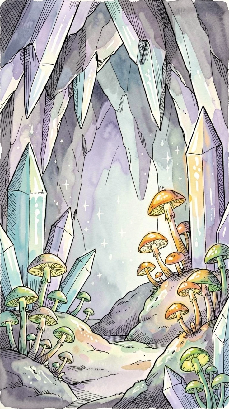 A crystal cavern lit by clusters of luminous mushrooms, an air of wonder and quiet mystery throughout.