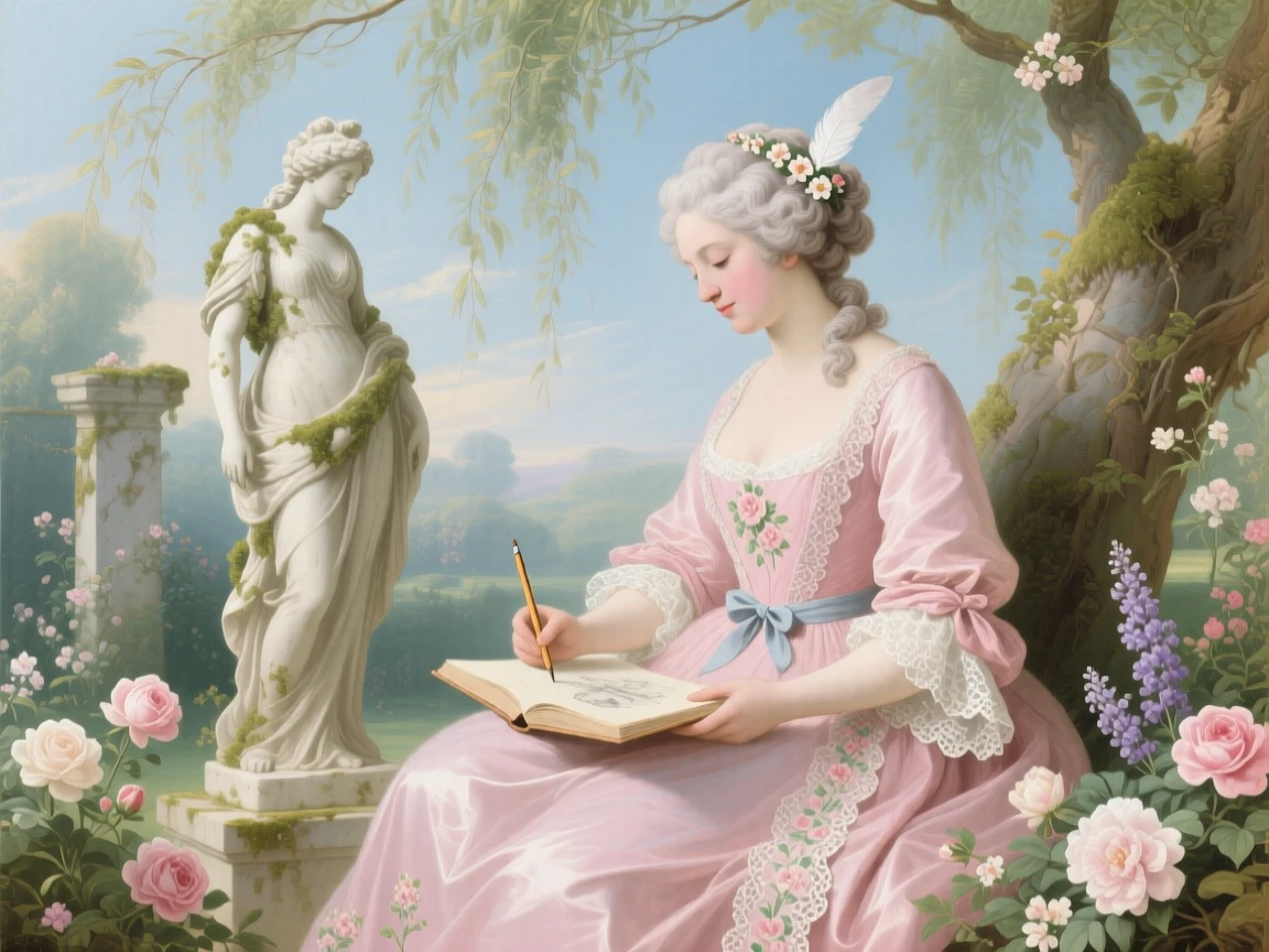 A noblewoman sketching an old garden statue beneath willow branches  
