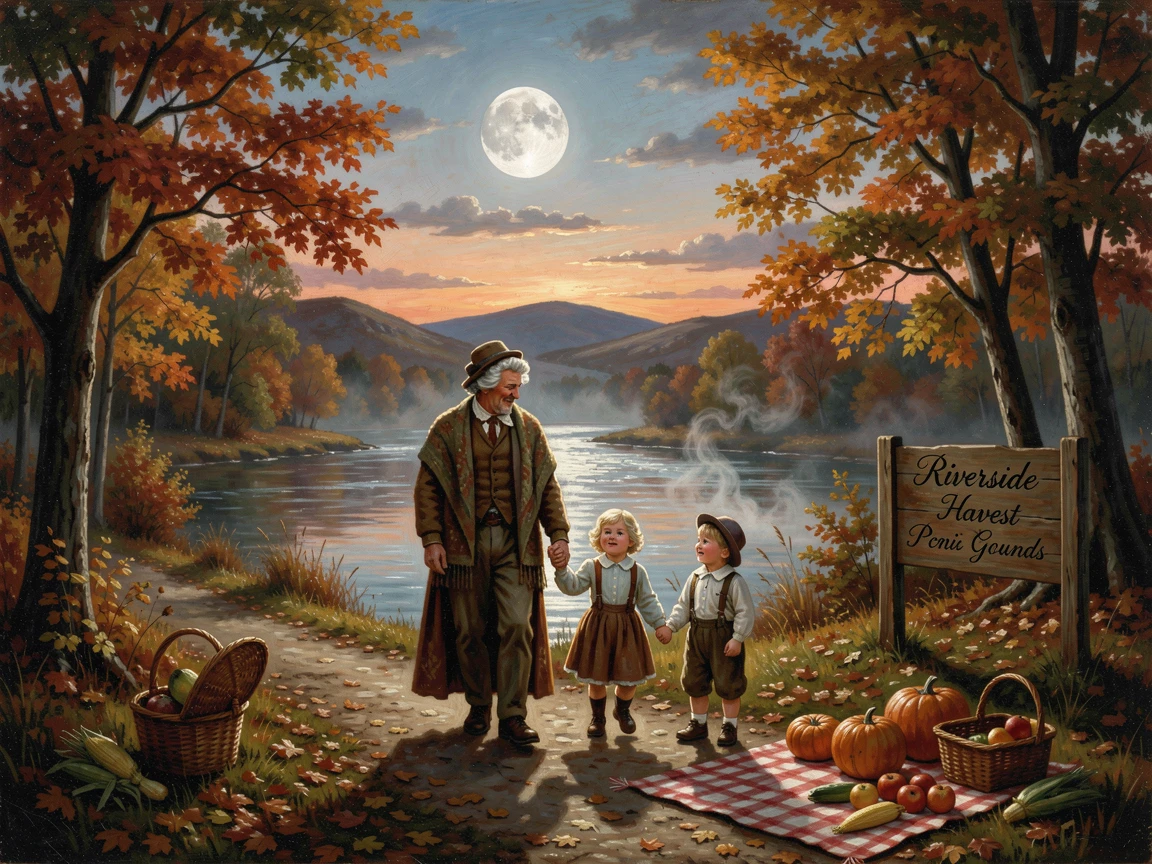 Grandparents and grandchildren walk together through a riverside picnic spot as the harvest moon rises.